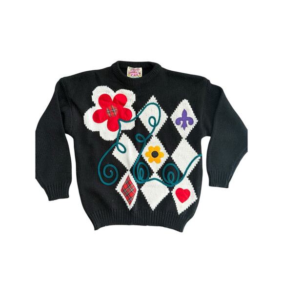 CSL Women's Black Floral Print Crew Neck Long Sleeves Pullover Sweater Size L - Picture 1 of 4